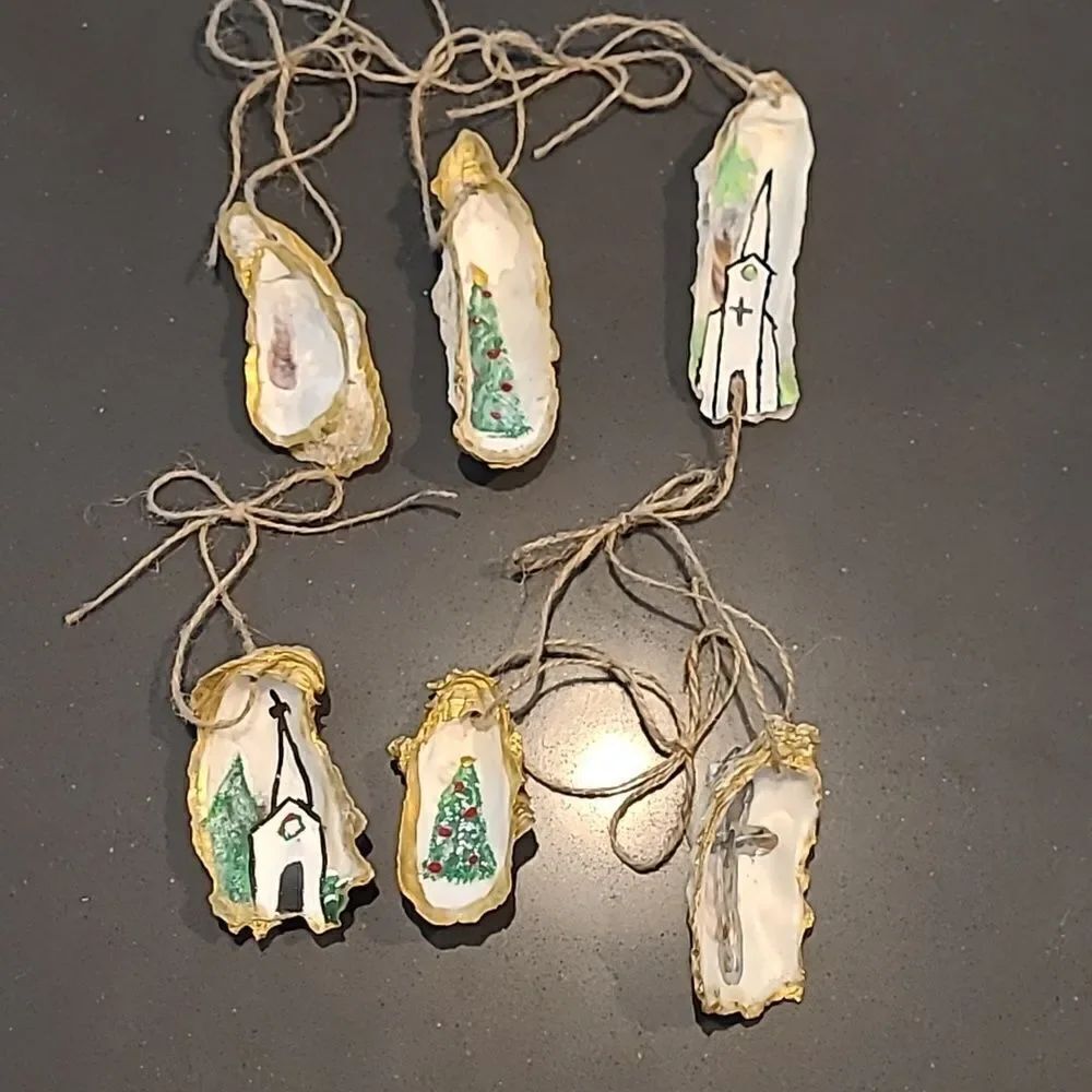 Oyster shell artisan tree decor, very unusual and unique, set of 6, handmade